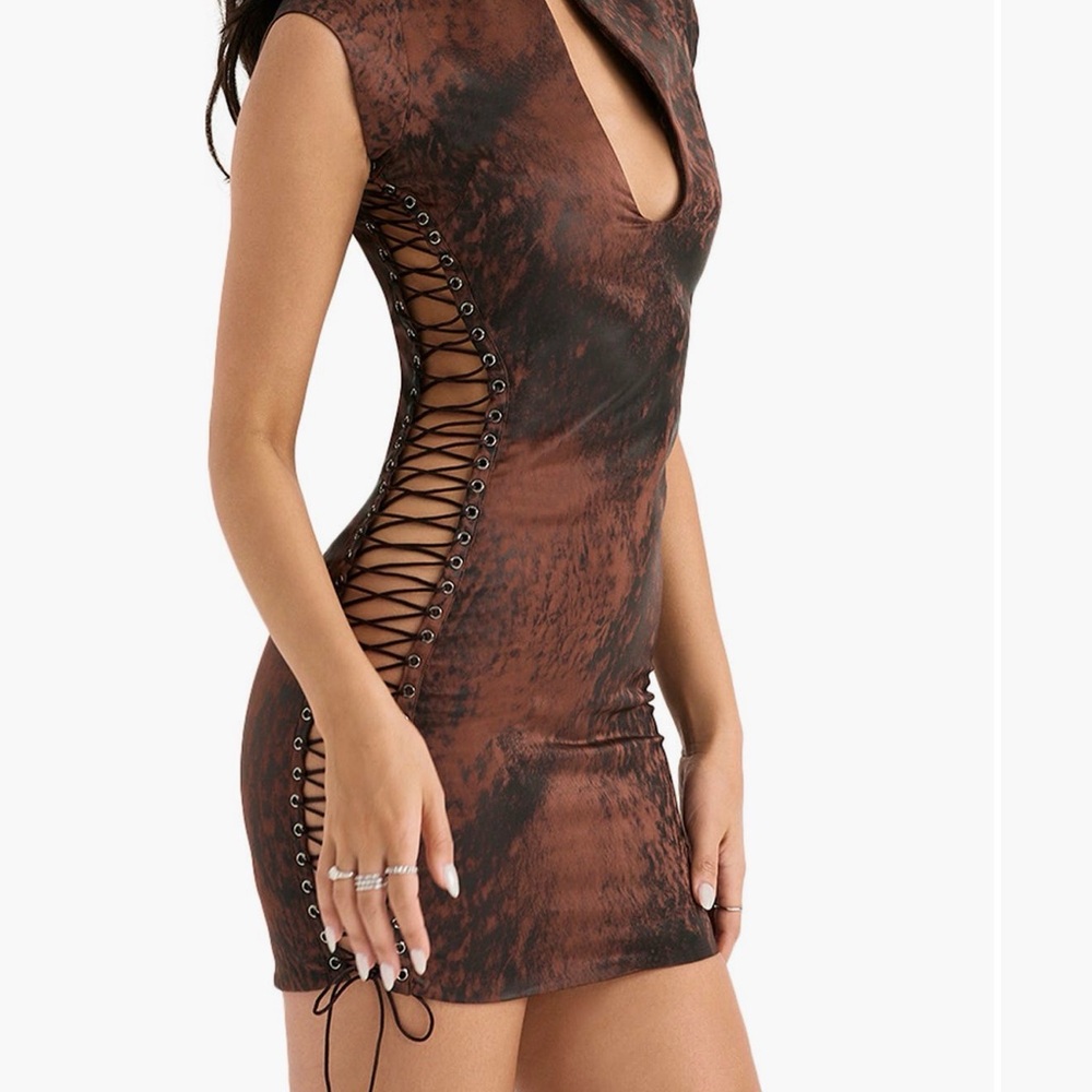 House of CB Brown Lace-Up Mini Dress